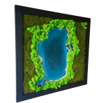 Machový obraz s epoxidovou živicou - jazero - plochý a sobí mach - drevený čierny rám